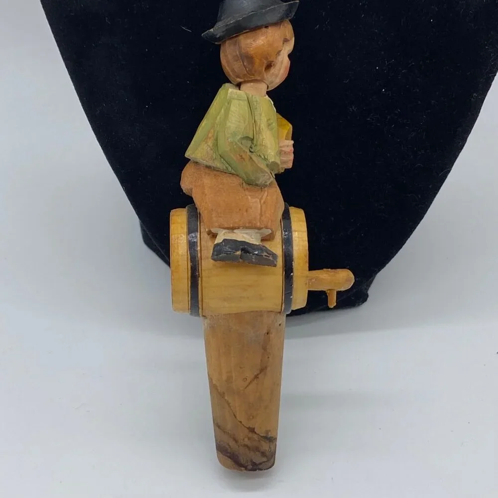 Vintage ANRI Bobble Head Boy on Barrel Cork Wine Bottle Stopper Handcarved Italy